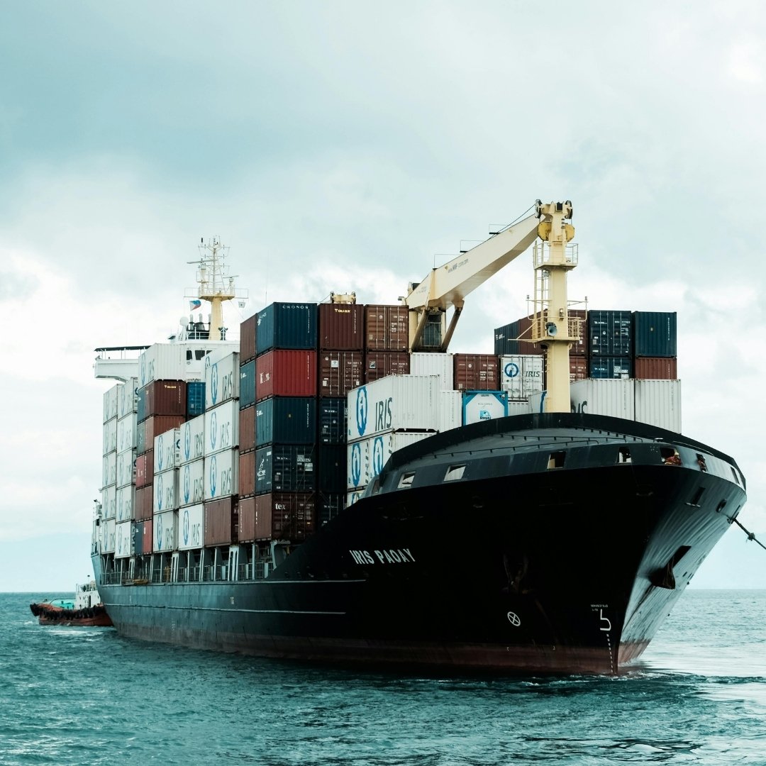 Container vessel under way on open water