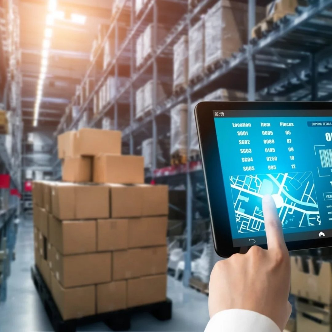 Warehouse operative tracking pallets on a tablet