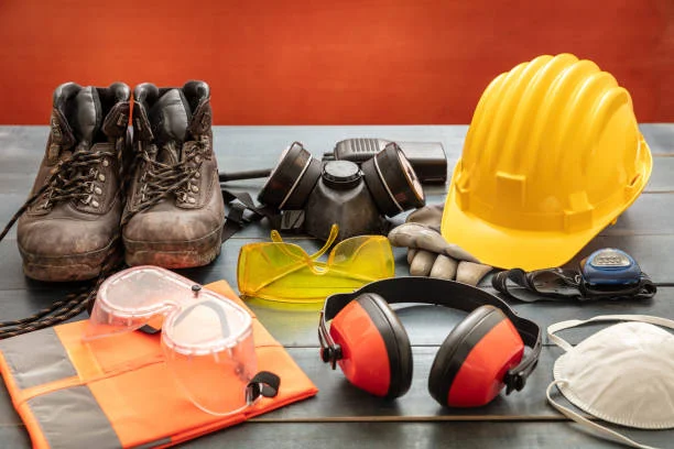 Safety boots, hard hat, goggles and ear defenders laid out on a workbench